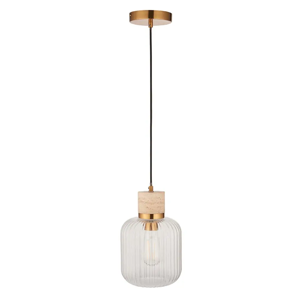 Travi Natural Travertime Stone Pendant C/W Ribbed Glass