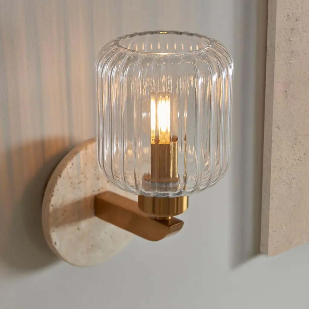 Travi Natural Travertime Stone Wall Light C/W Clear Ribbed Shade