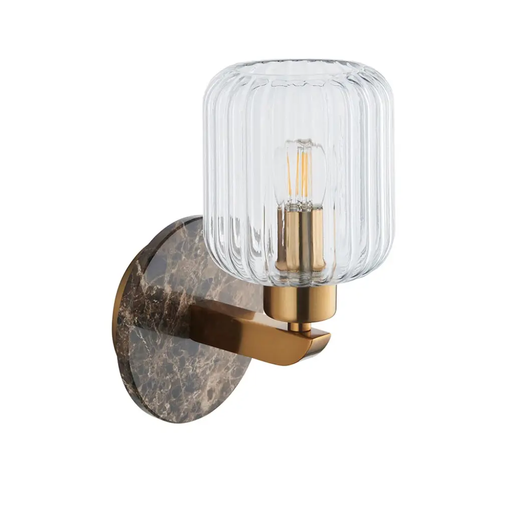 Travi Dark Brown Emperador Marble Wall Light C/W Ribbed Glass Shade