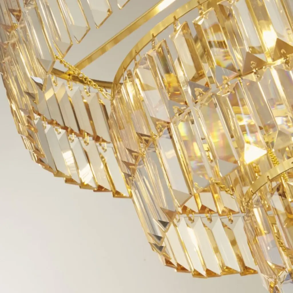 Empire Satin Brass 5 Light Chandelier With Bevelled Crystal Coffin Drops