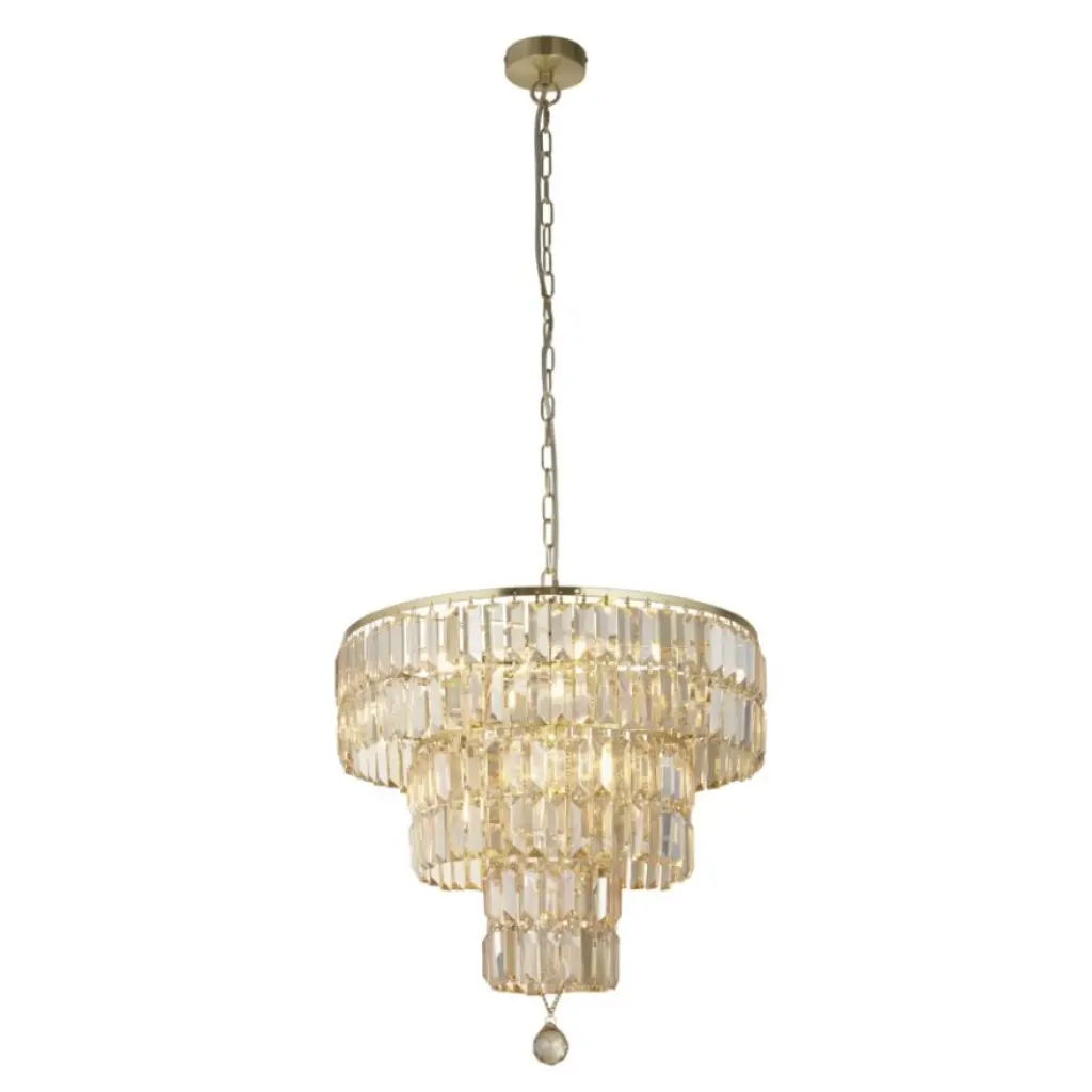 Empire Satin Brass 5 Light Chandelier With Bevelled Crystal Coffin Drops