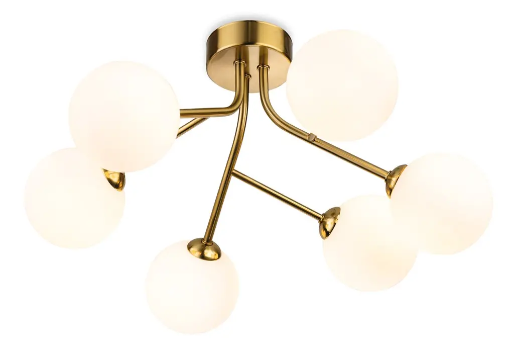 Groves Brushed Brass 6 Light Semi Flush Fitting with Opal Shades