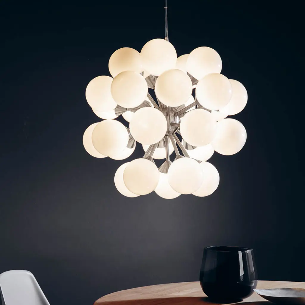 Oscar 28 Light Pendant in Satin Nickel with Gloss White Glass
