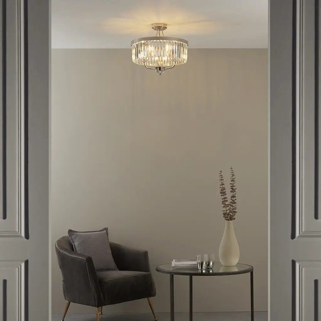 Carol 3 Light Nickel & Clear Glass Semi Flush