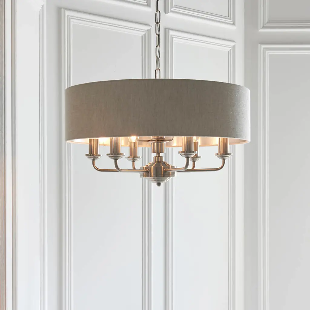 Highclere 6 Light Drum Pendant in Brushed Chrome C/W Natural Shade