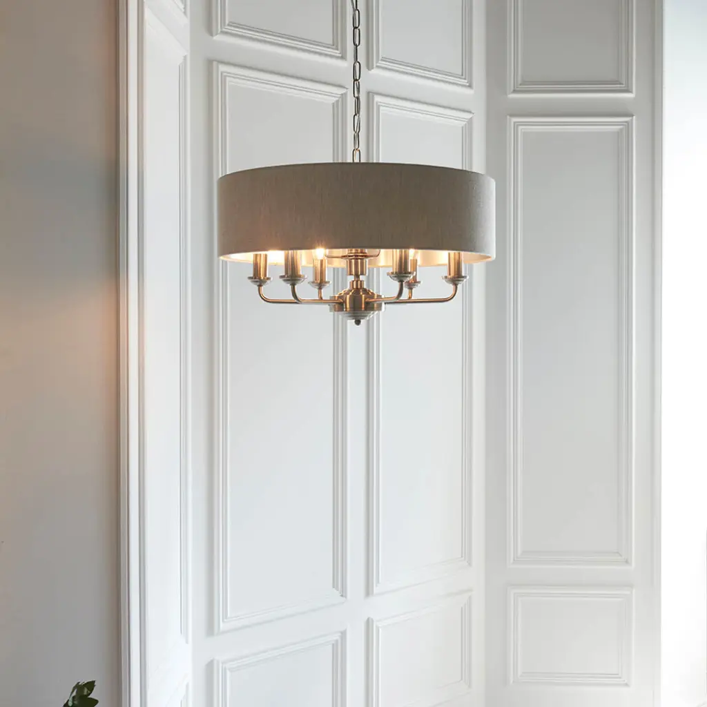 Highclere 6 Light Drum Pendant in Brushed Chrome C/W Natural Shade