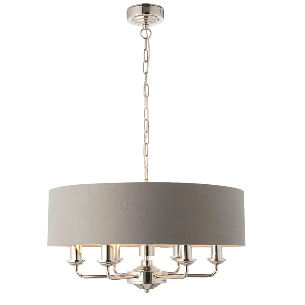 Highclere 6 Light Drum Pendant in Bright Nickel C/W Charcoal Shade
