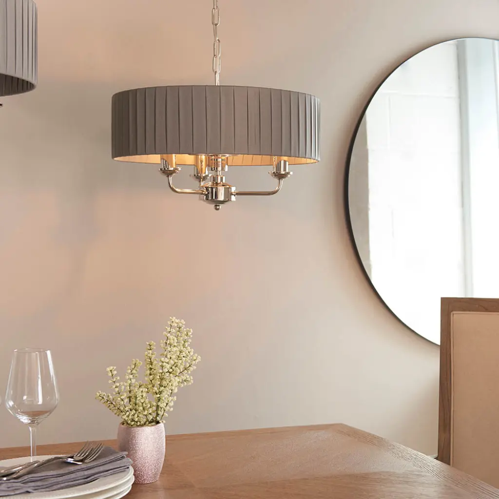 Highclere 3 Light in Bright Nickel C/W Wrapped Charcoal Silk Shade