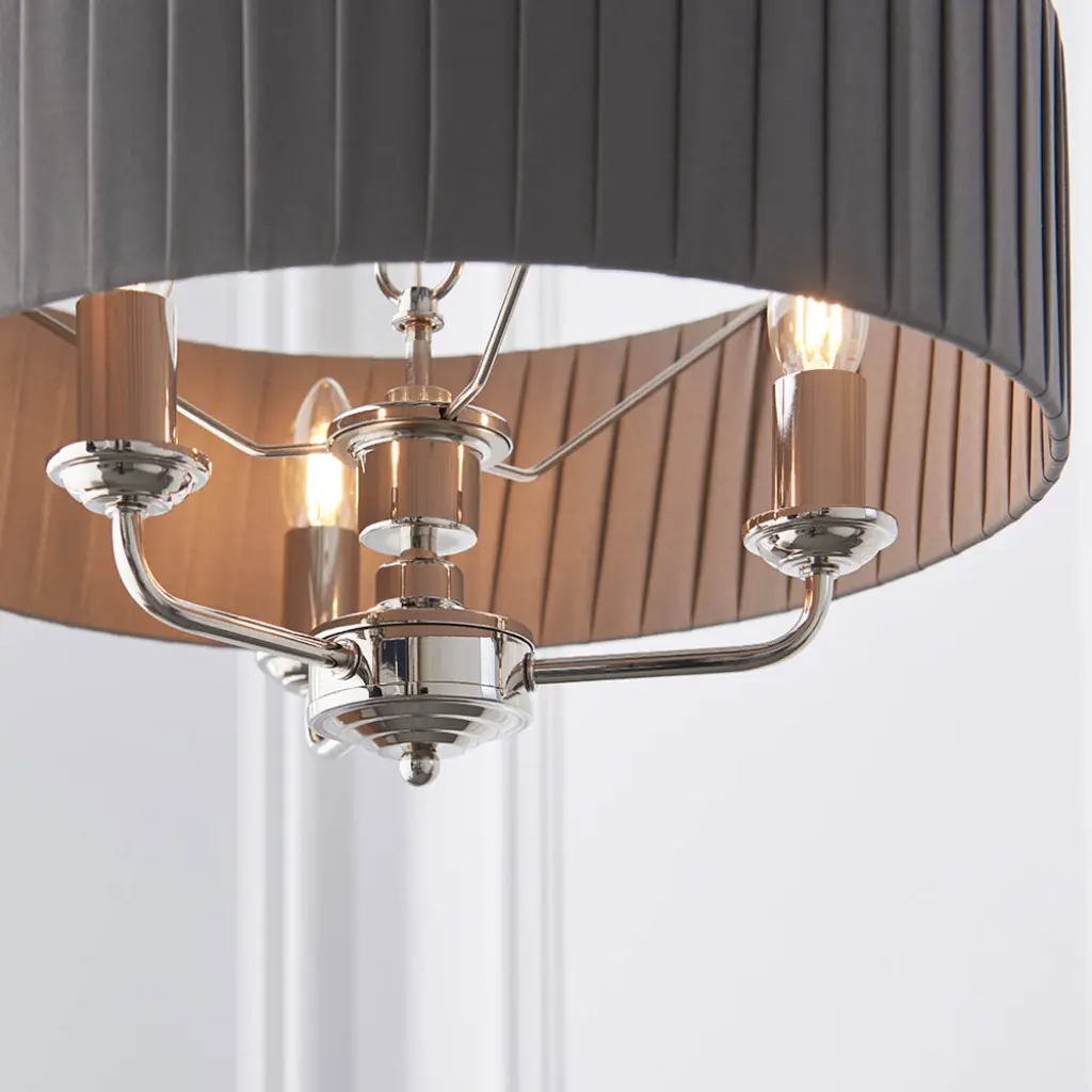 Highclere 3 Light in Bright Nickel C/W Wrapped Charcoal Silk Shade