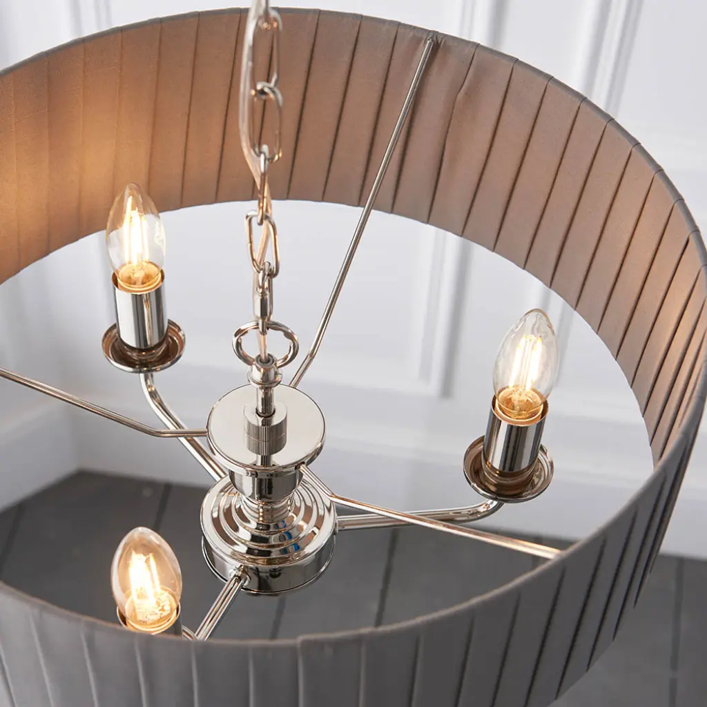 Highclere 3 Light in Bright Nickel C/W Wrapped Charcoal Silk Shade