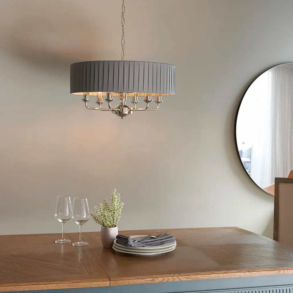 Highclere 6 Light Drum Pendant in Bright Nickel C/W Wrapped Charcoal Shade