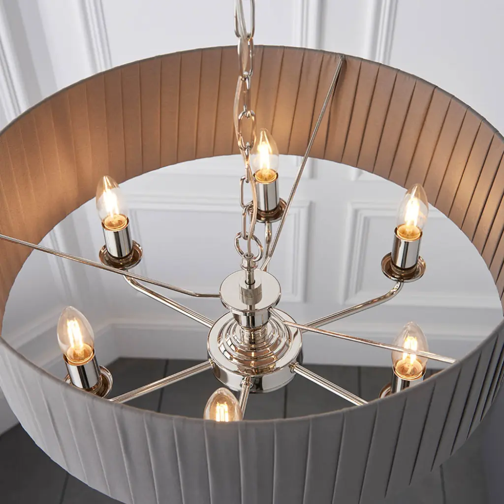 Highclere 6 Light Drum Pendant in Bright Nickel C/W Wrapped Charcoal Shade