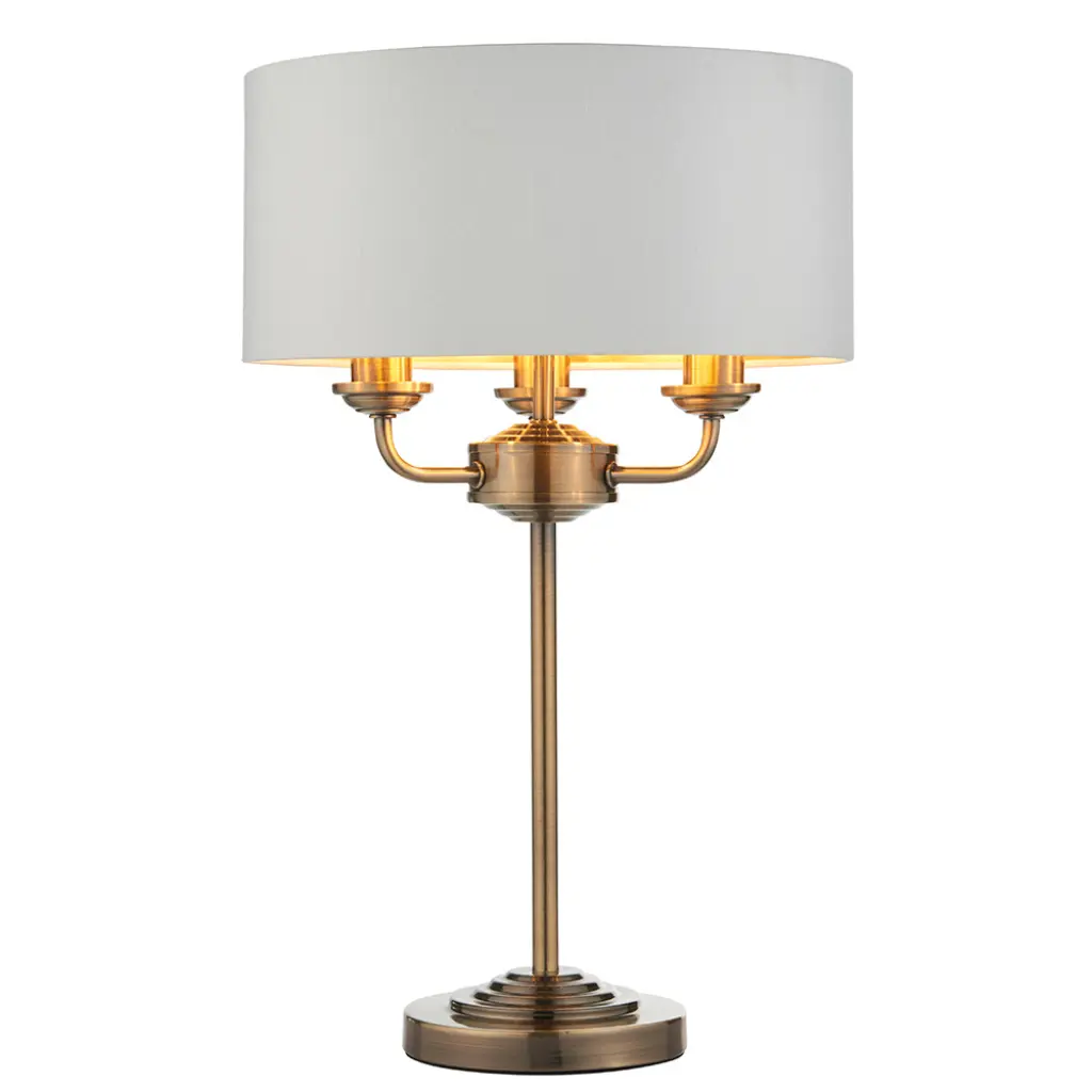 Highclere 3 Light Table Lamp in Antique Brass C/W White Shade