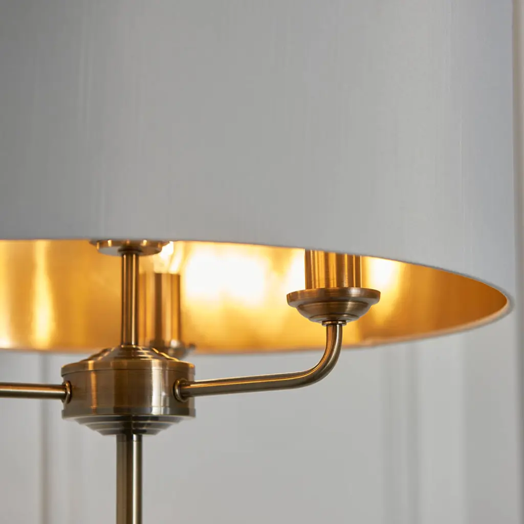 Highclere 3 Light Floor Lamp in Antique Brass C/W White Shade