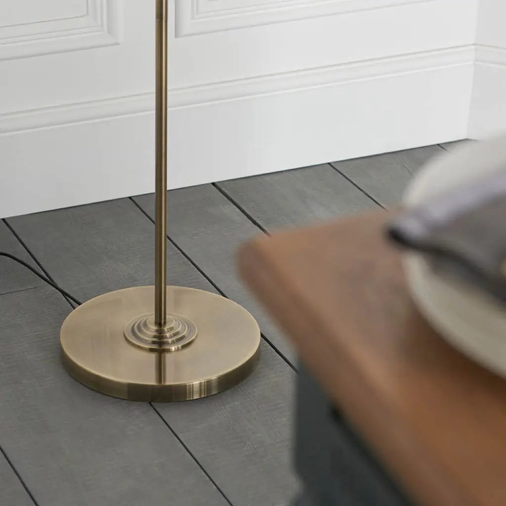 Highclere 3 Light Floor Lamp in Antique Brass C/W White Shade