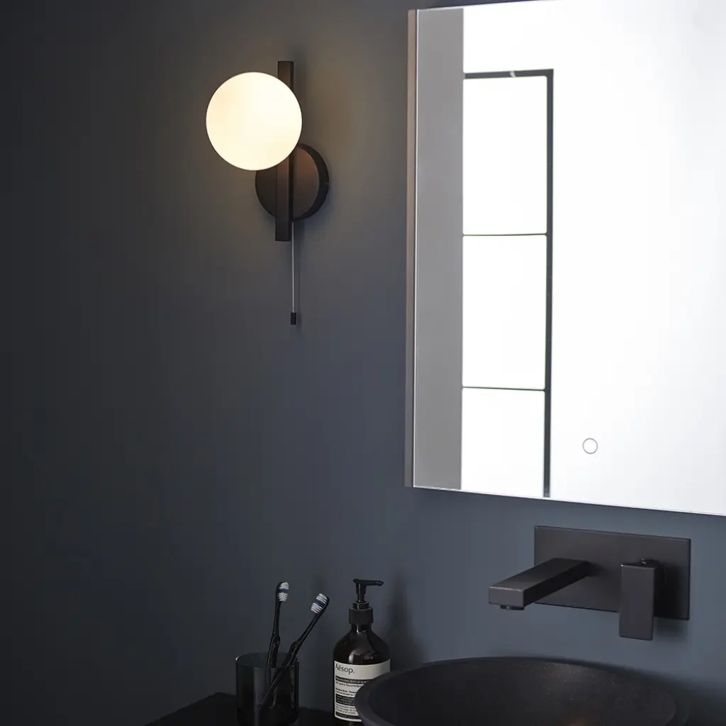 Stylish Right Angle Black Wall Light with Opal Shade
