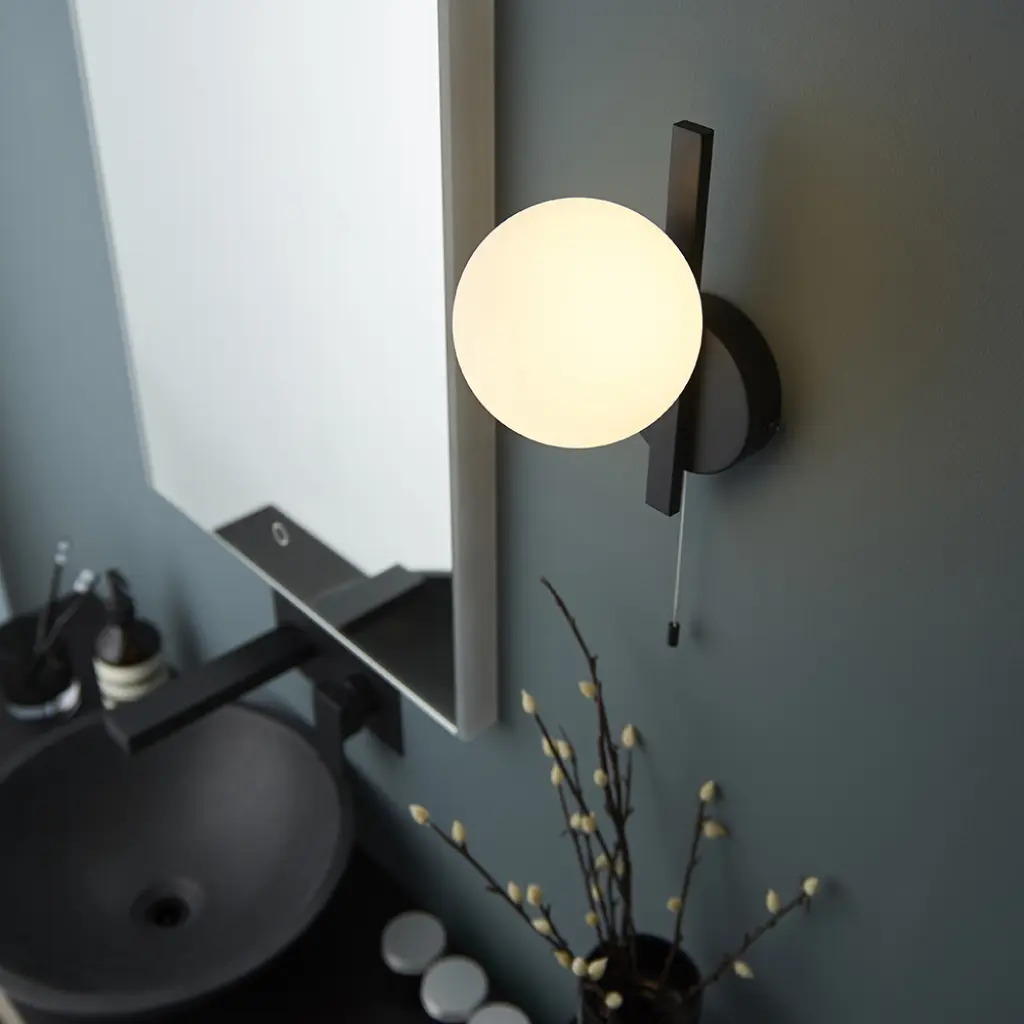 Stylish Right Angle Black Wall Light with Opal Shade