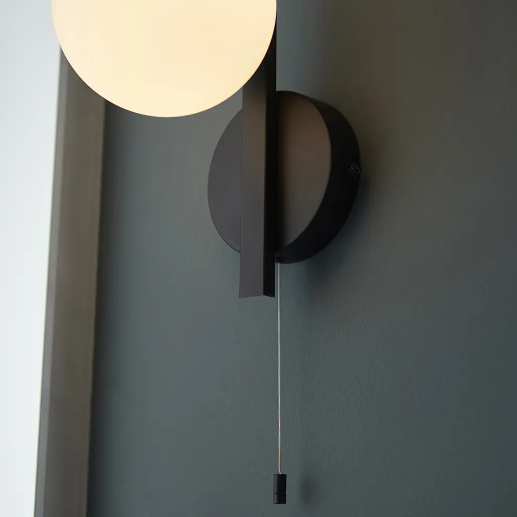 Stylish Right Angle Black Wall Light with Opal Shade