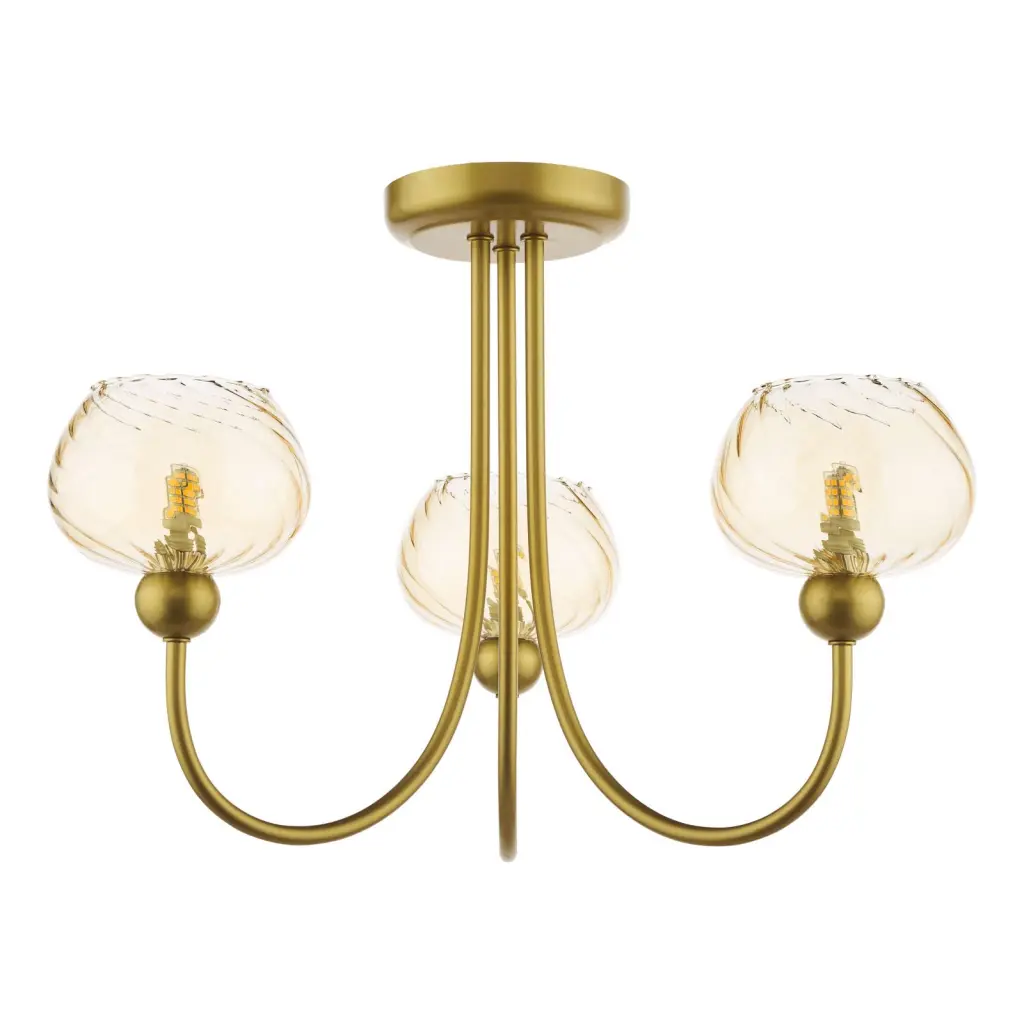 Cognac Satin Gold & Champagne Glass 3 Light Semi Flush