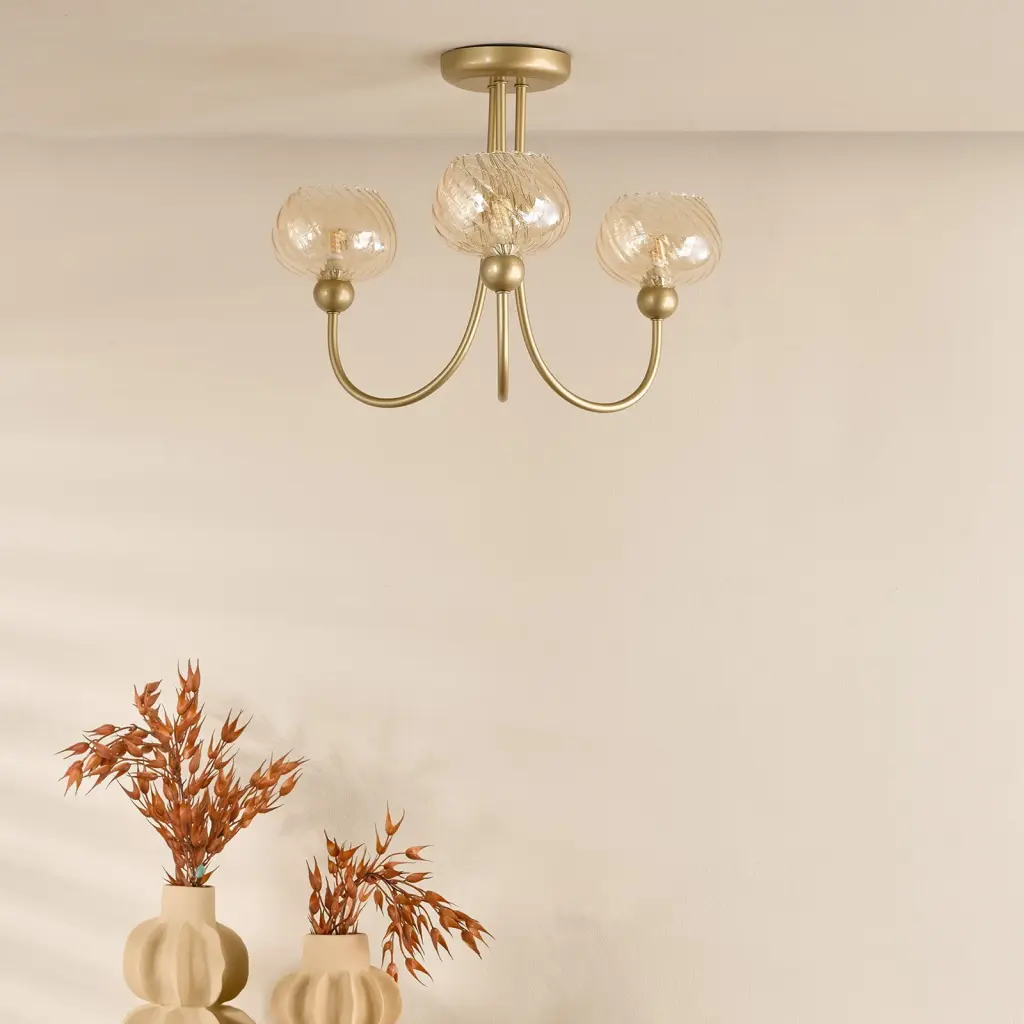Cognac Satin Gold & Champagne Glass 3 Light Semi Flush