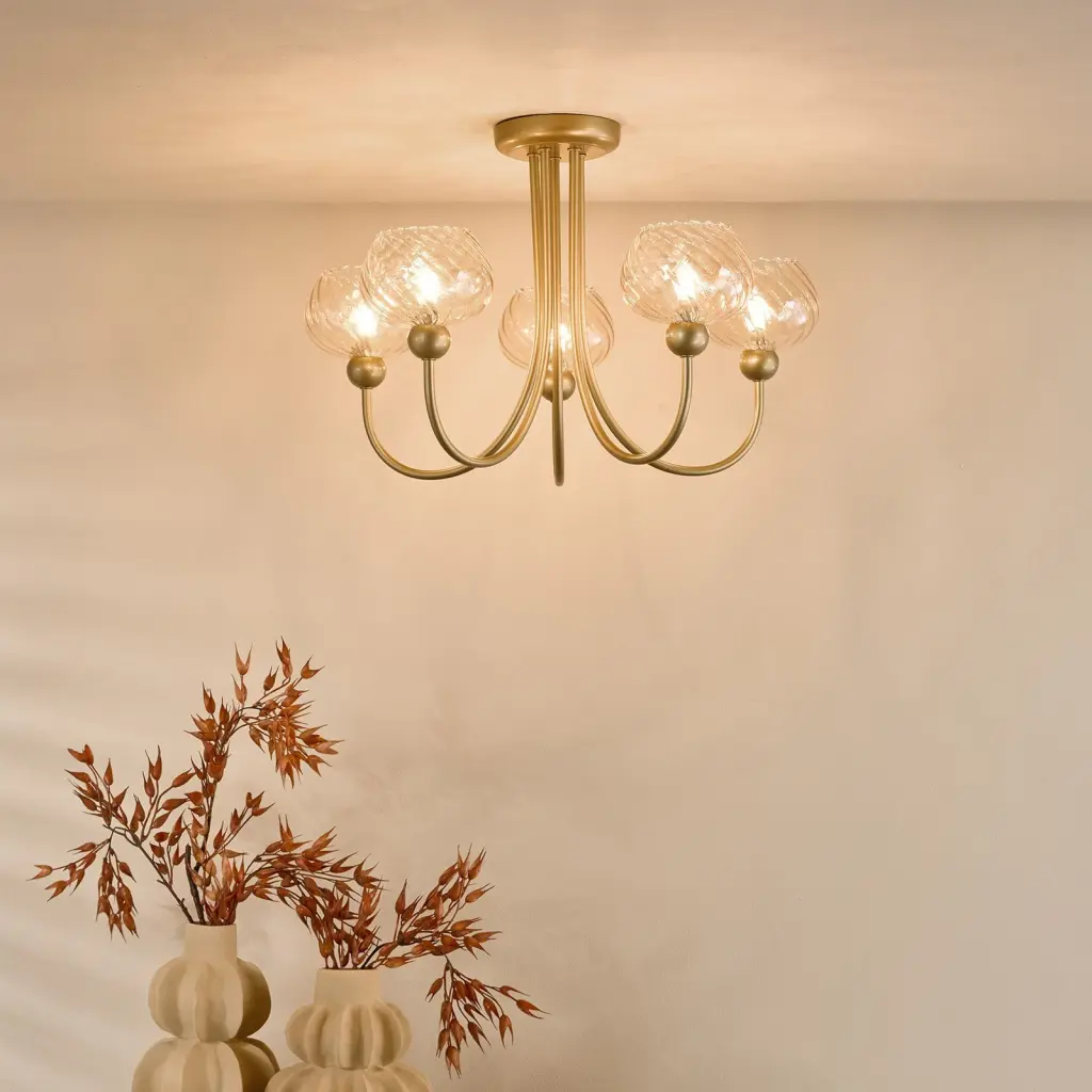Cognac Satin Gold & Champagne Glass 5 Light Semi Flush