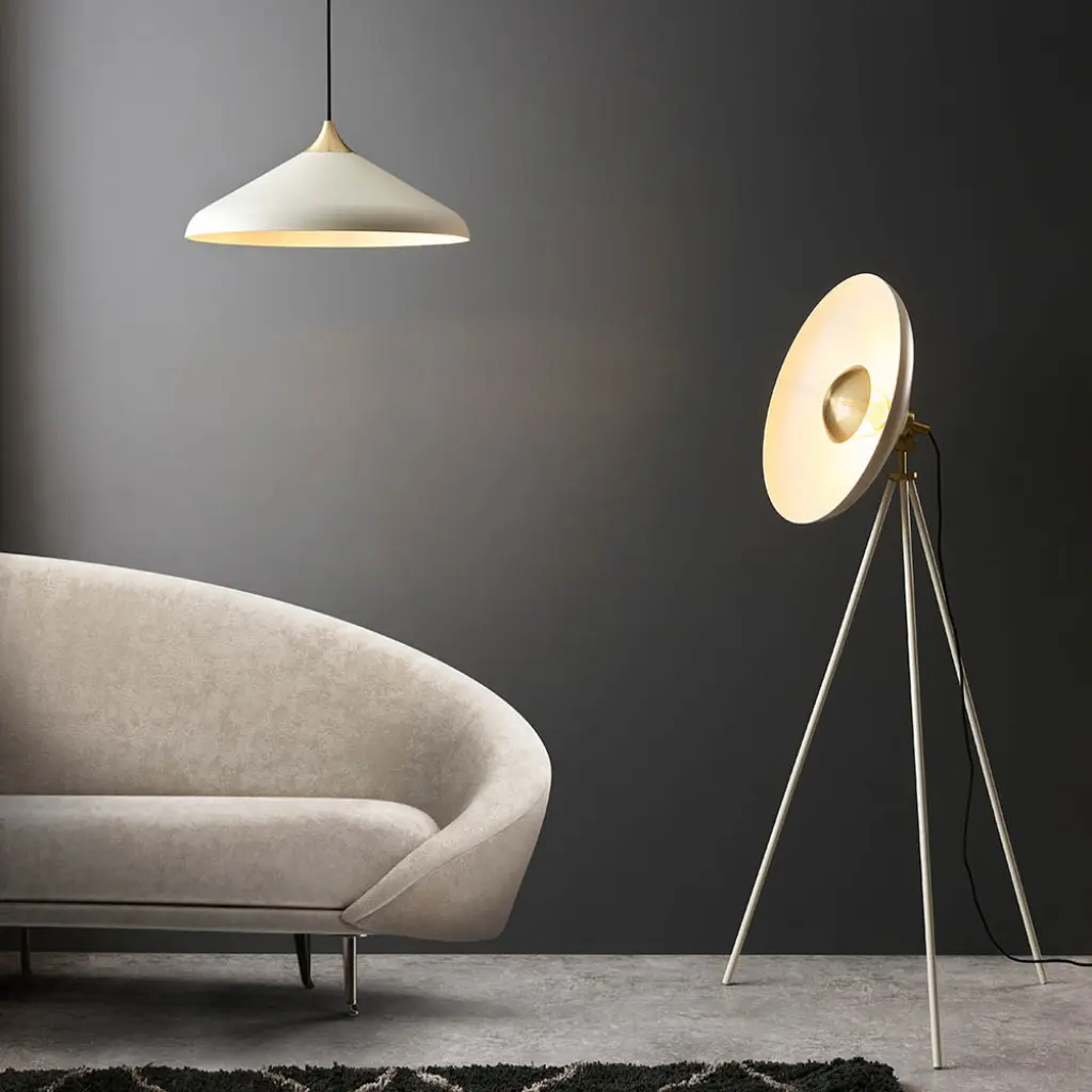 Modern Warm White & Brass Tripod Floor Lamp