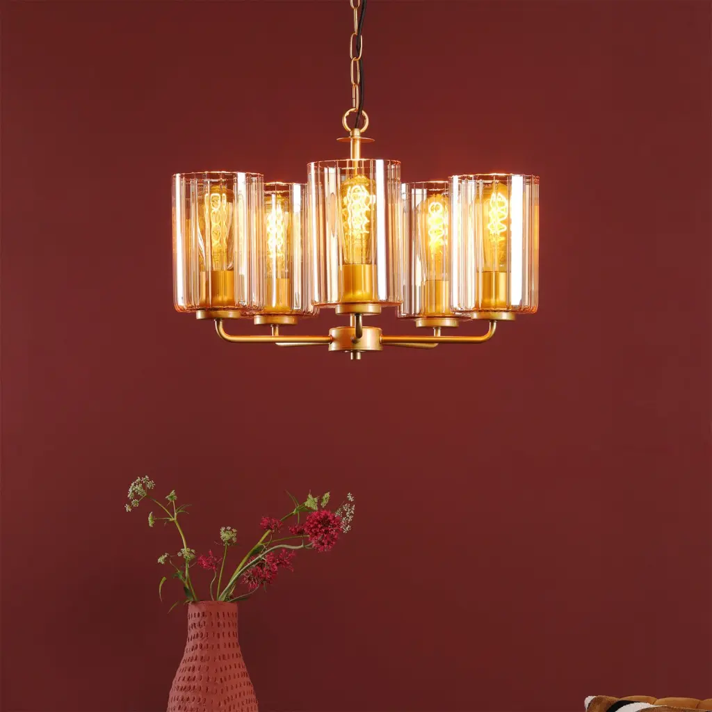 Daylin Satin Gold & Amber Glass 5 Light Pendant