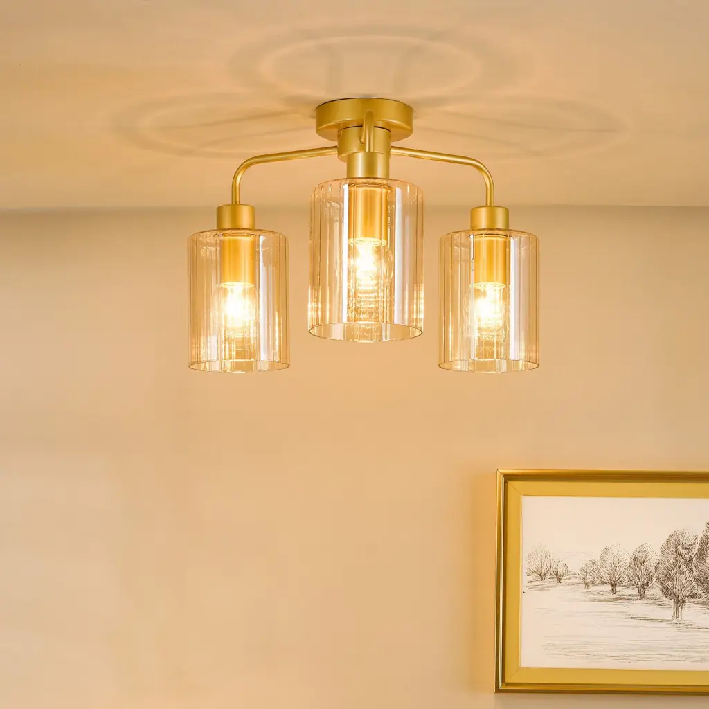 Daylin Satin Gold & Amber Glass 3 Light Semi Flush