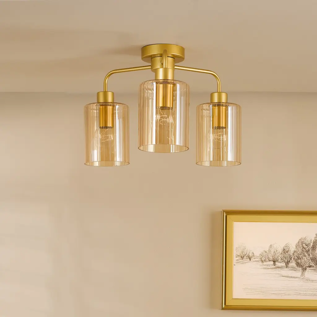 Daylin Satin Gold & Amber Glass 3 Light Semi Flush