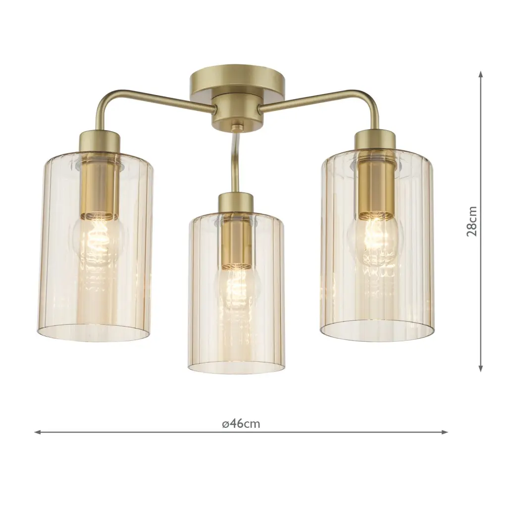 Daylin Satin Gold & Amber Glass 3 Light Semi Flush