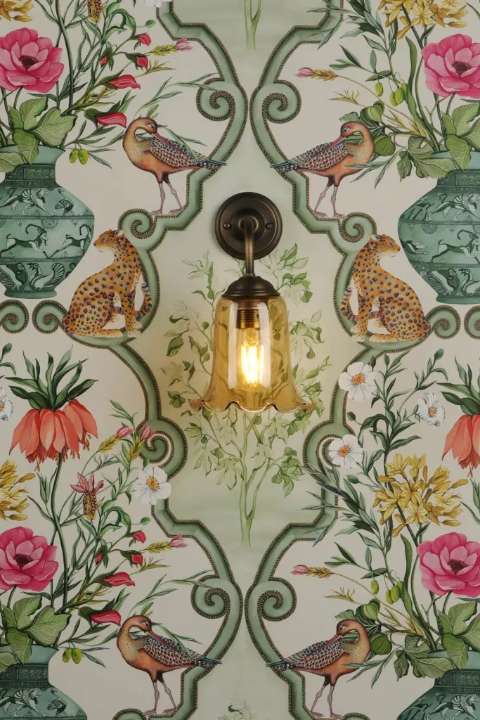 Ebba Antique Brass Wall Light with Amber Glass Shade
