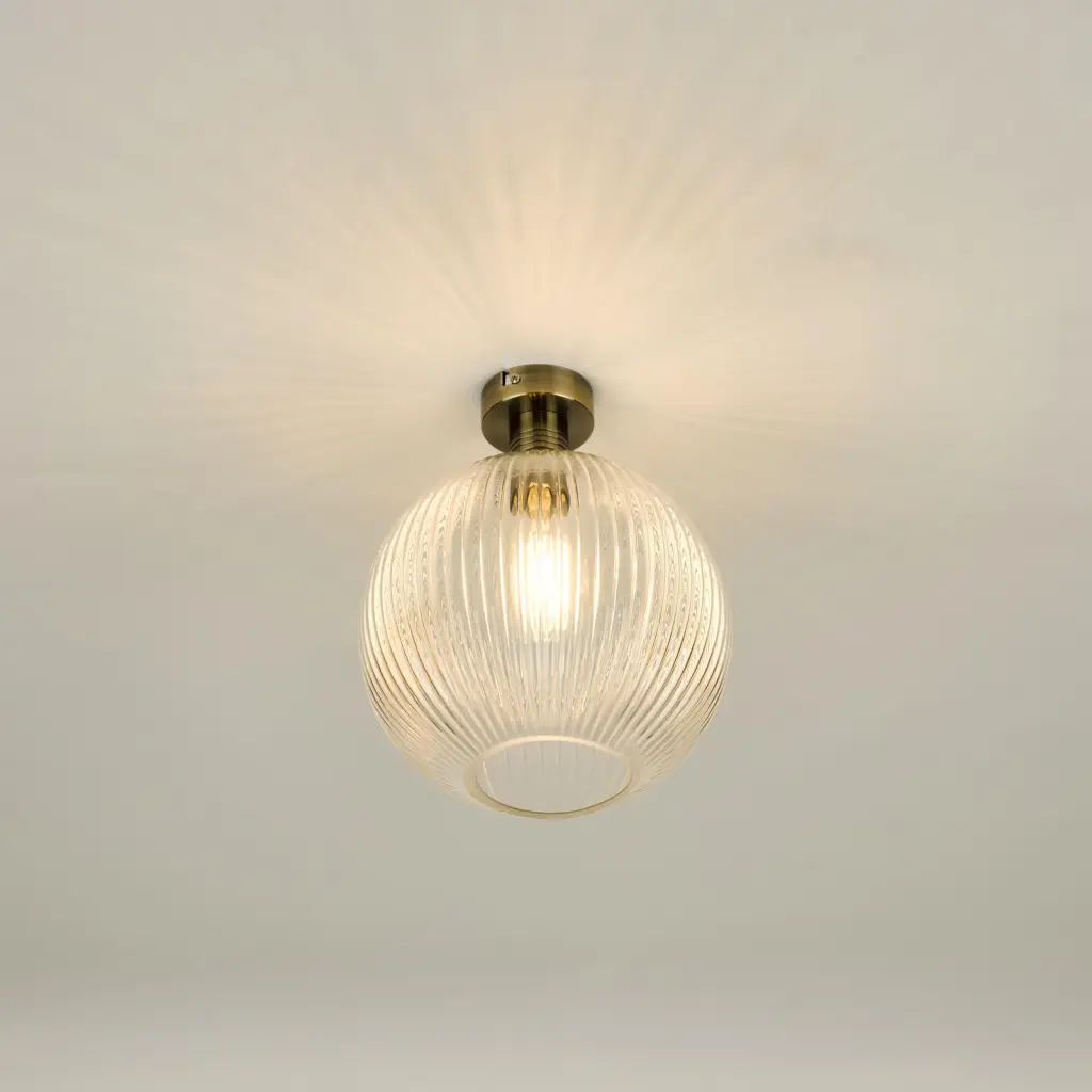 Emerson Antique Brass Semi Flush with Round Ribbed Glass