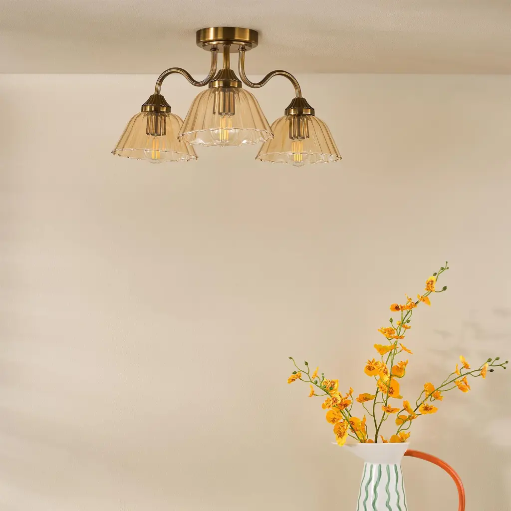 Erika 3 Light Antique Bronze & Amber Glass Semi Flush Fititng