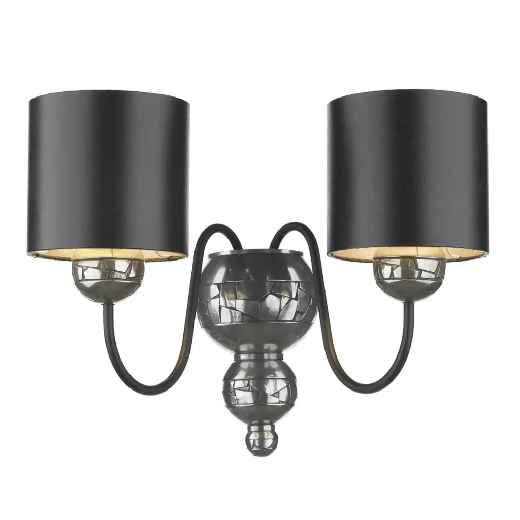Garbo Double Pewter Wall Bracket with Black Silver Shades