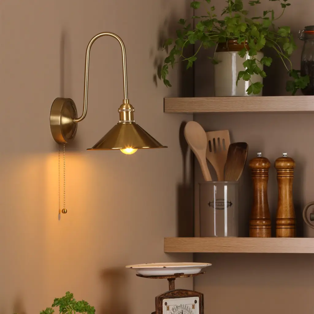 Hadano Brass Curved Arm Wall Light with Brass Shade