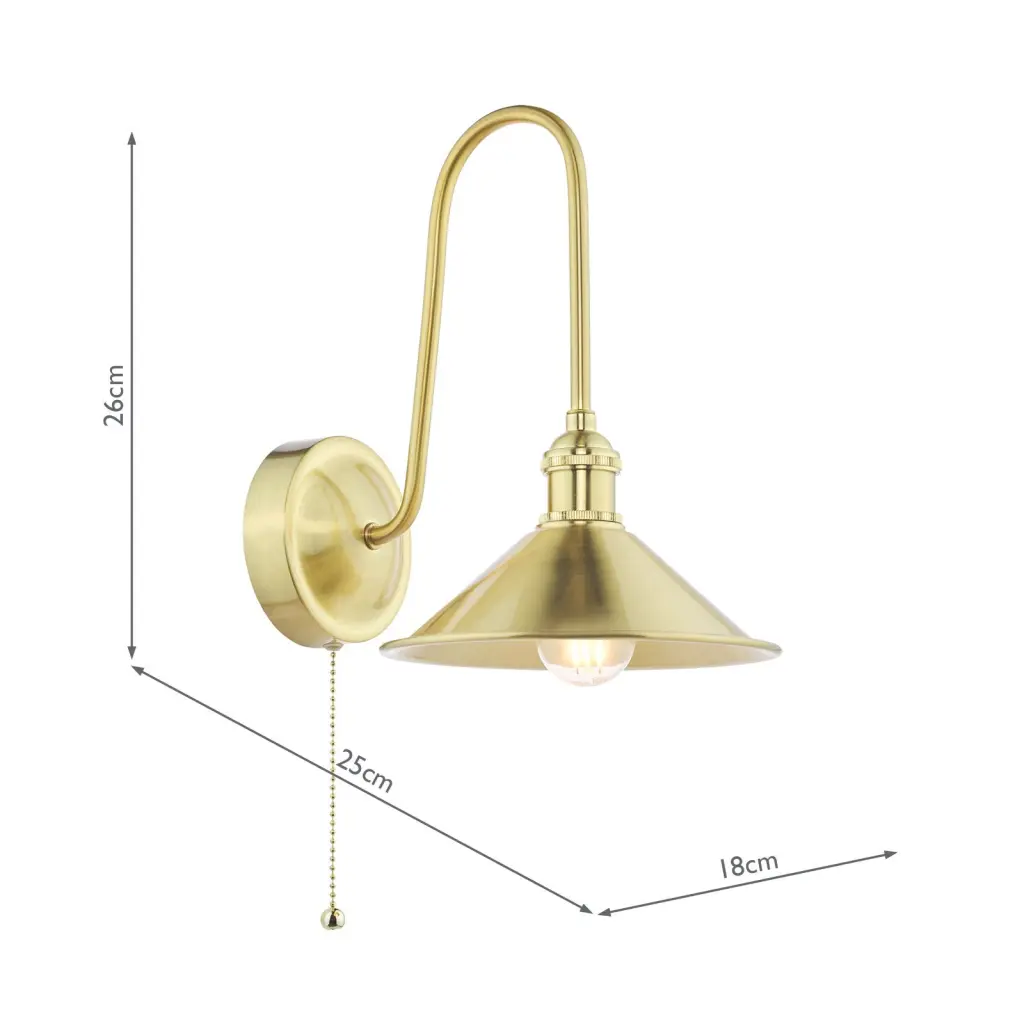Hadano Brass Curved Arm Wall Light with Brass Shade