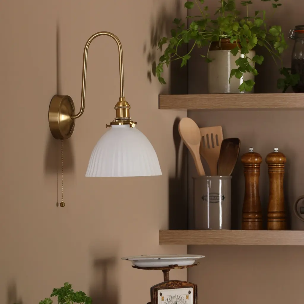 Hadano Brass Curved Arm Wall Light with Domed Shade