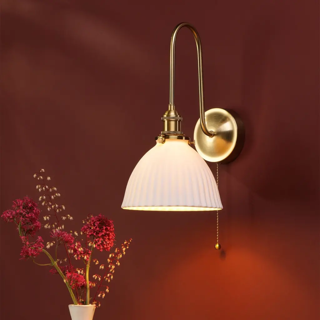 Hadano Brass Curved Arm Wall Light with Domed Shade