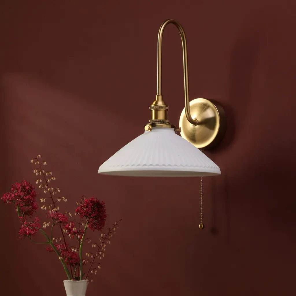 Hadano Brass Curved Arm Wall Light with Shallow Shade