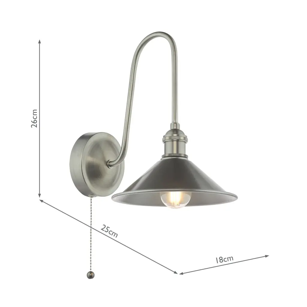 Hadano Antique Chrome Curved Arm Wall Light