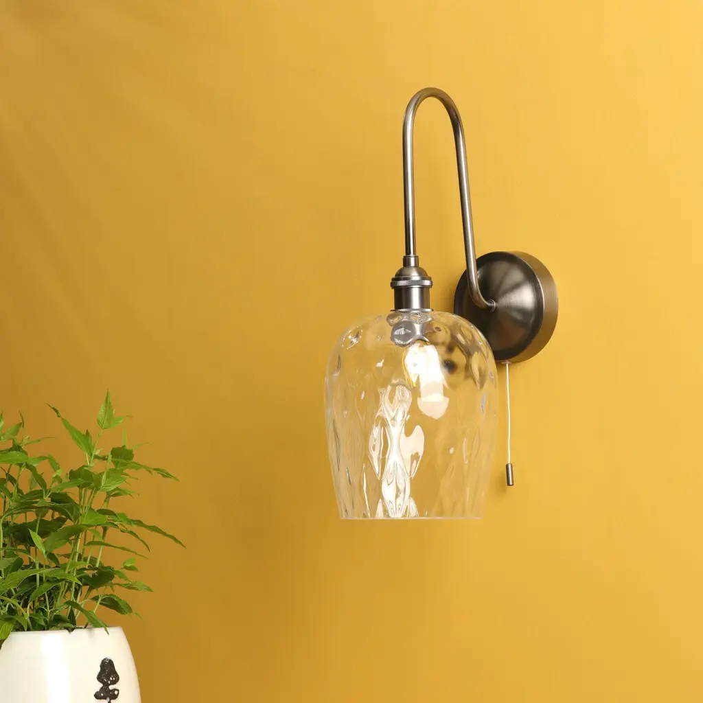 Hadano Antique Chrome Curved Arm Wall Light with Dimpled Shade