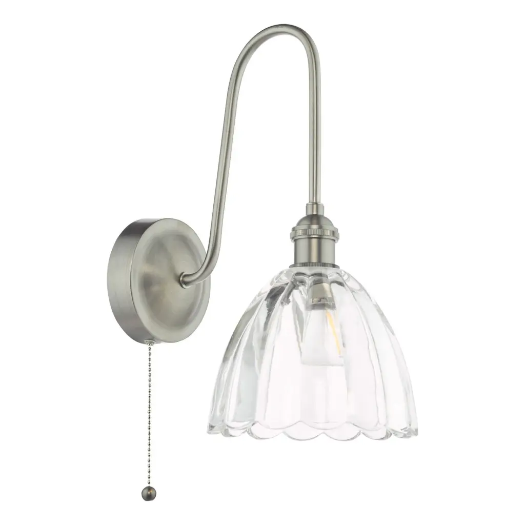 Hadano Antique Chrome Curved Arm Wall Light with Scalloped Bell Glass Shade