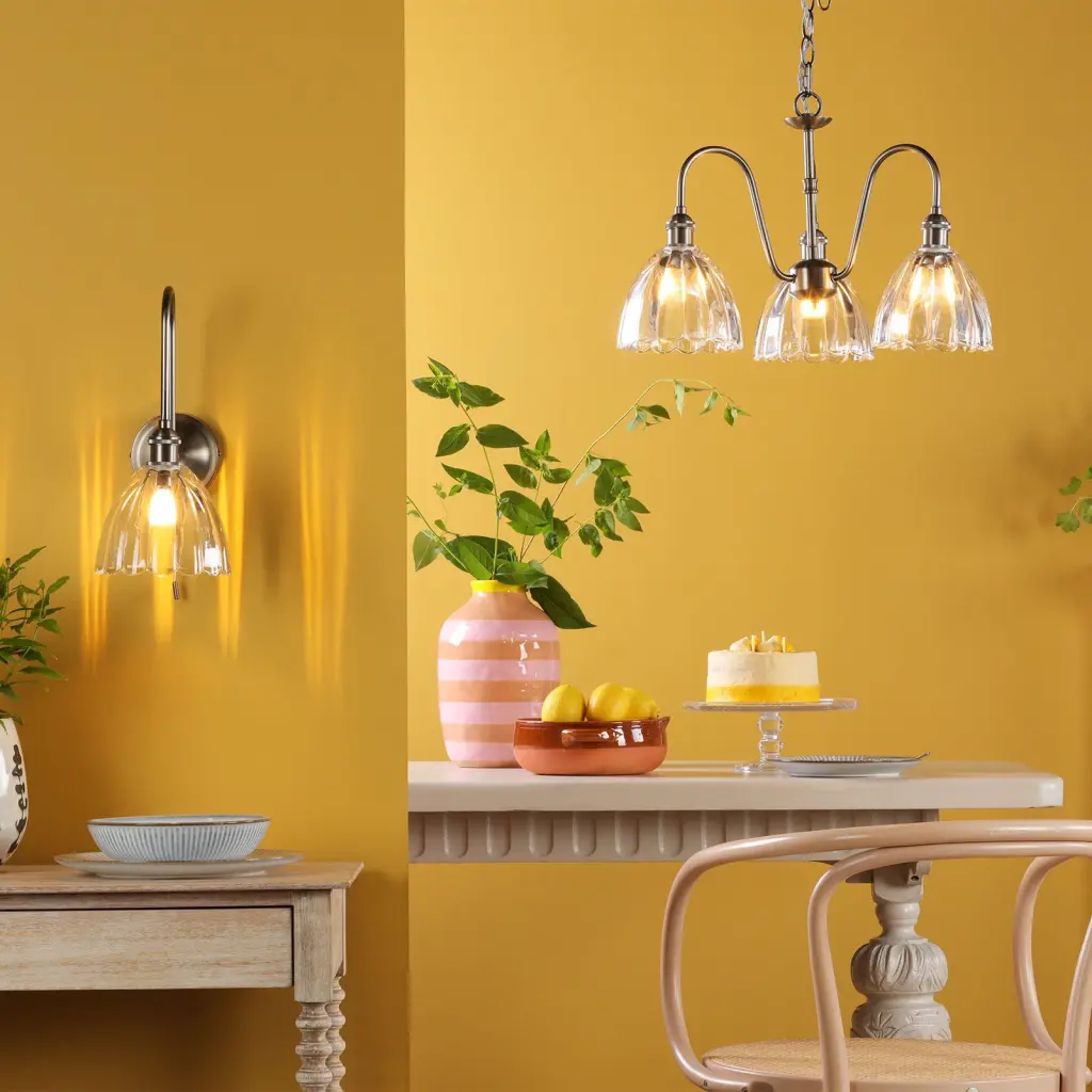 Hadano Antique Chrome Curved Arm Wall Light with Scalloped Bell Glass Shade