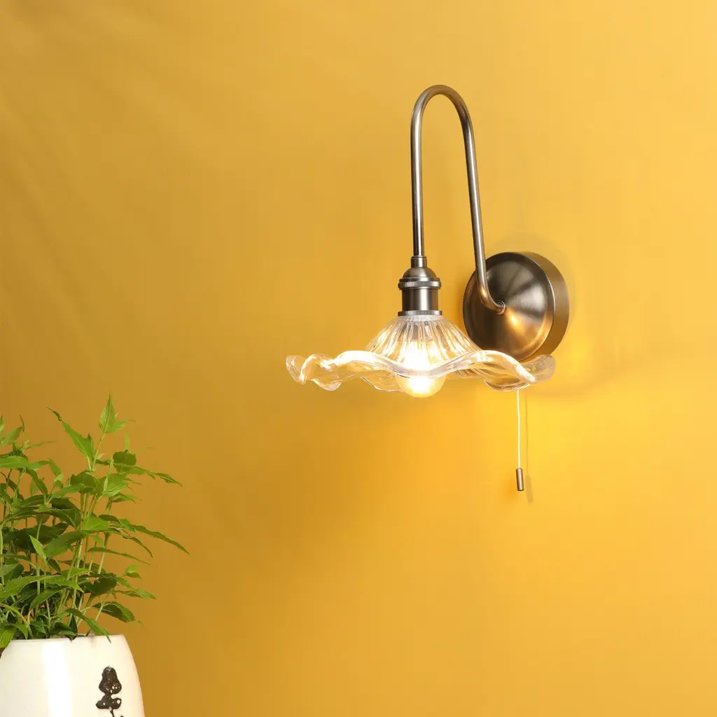 Hadano Antique Chrome Curved Arm Wall Light with Wavy Glass Shade