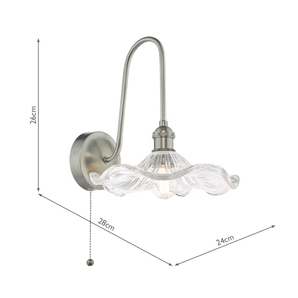 Hadano Antique Chrome Curved Arm Wall Light with Wavy Glass Shade
