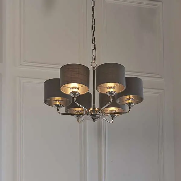 Highclere 6 Light Multi-Arm Pendant Bright Nickel C/W Charcoal Shades