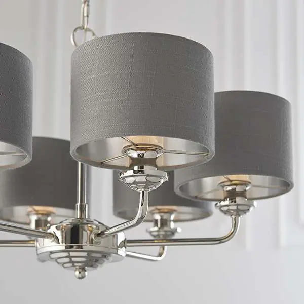 Highclere 6 Light Multi-Arm Pendant Bright Nickel C/W Charcoal Shades