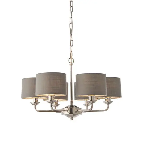 Highclere 6 Light Multi-Arm Pendant Bright Nickel C/W Charcoal Shades