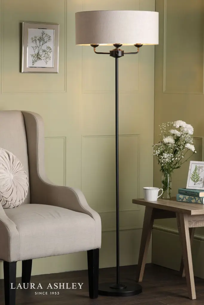 Sorrento 3 Light Floor Lamp Matt Black and Natural With Shade