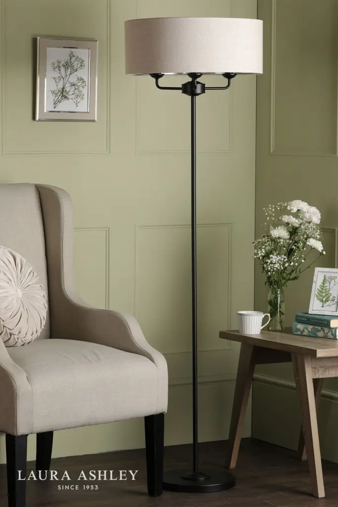 Sorrento 3 Light Floor Lamp Matt Black and Natural With Shade